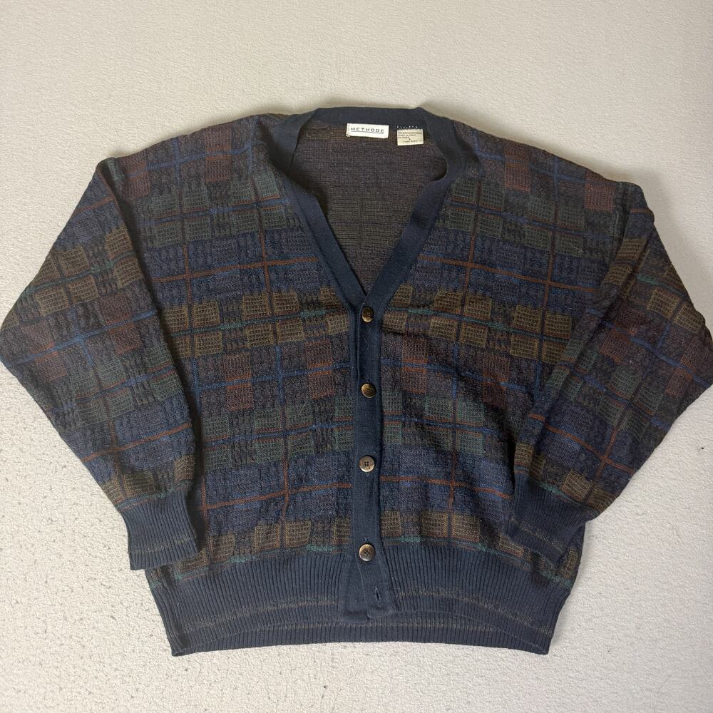 Methode Vintage Cardigan Sweater Made in Italy Wool Blend Geometric Plaid Blue